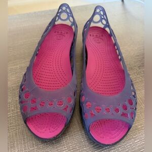 Crocs Adrina III Peep Toe Flat Sandals Purple and Pink